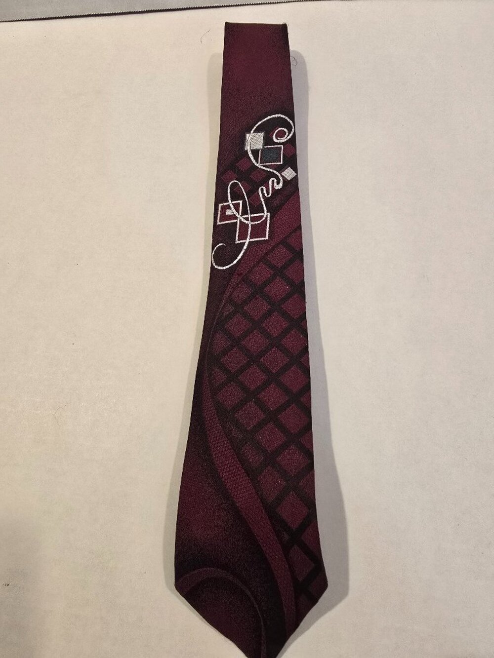 Vintage Tie Maroon Black Navy White Grid Silver Swirl City Slickers 2.5" wide